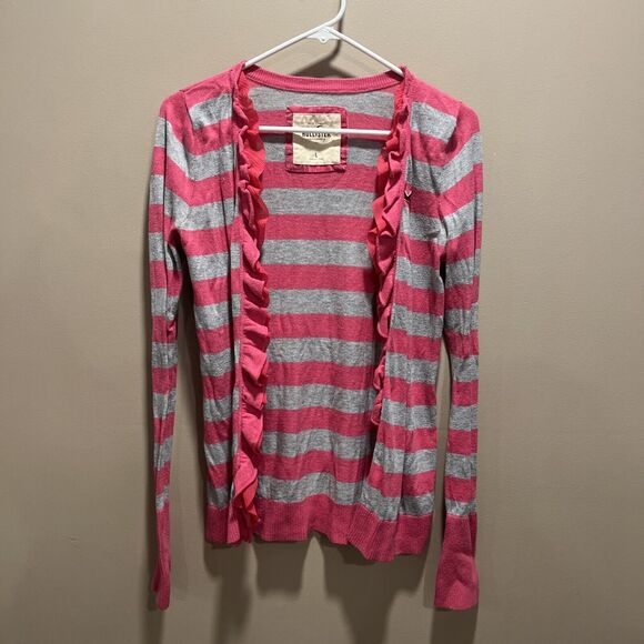 Hollister Women Y2K Pink Gray Cotton Cardigan Ruffle L Coquette 90s Indie Retro - Picture 1 of 12